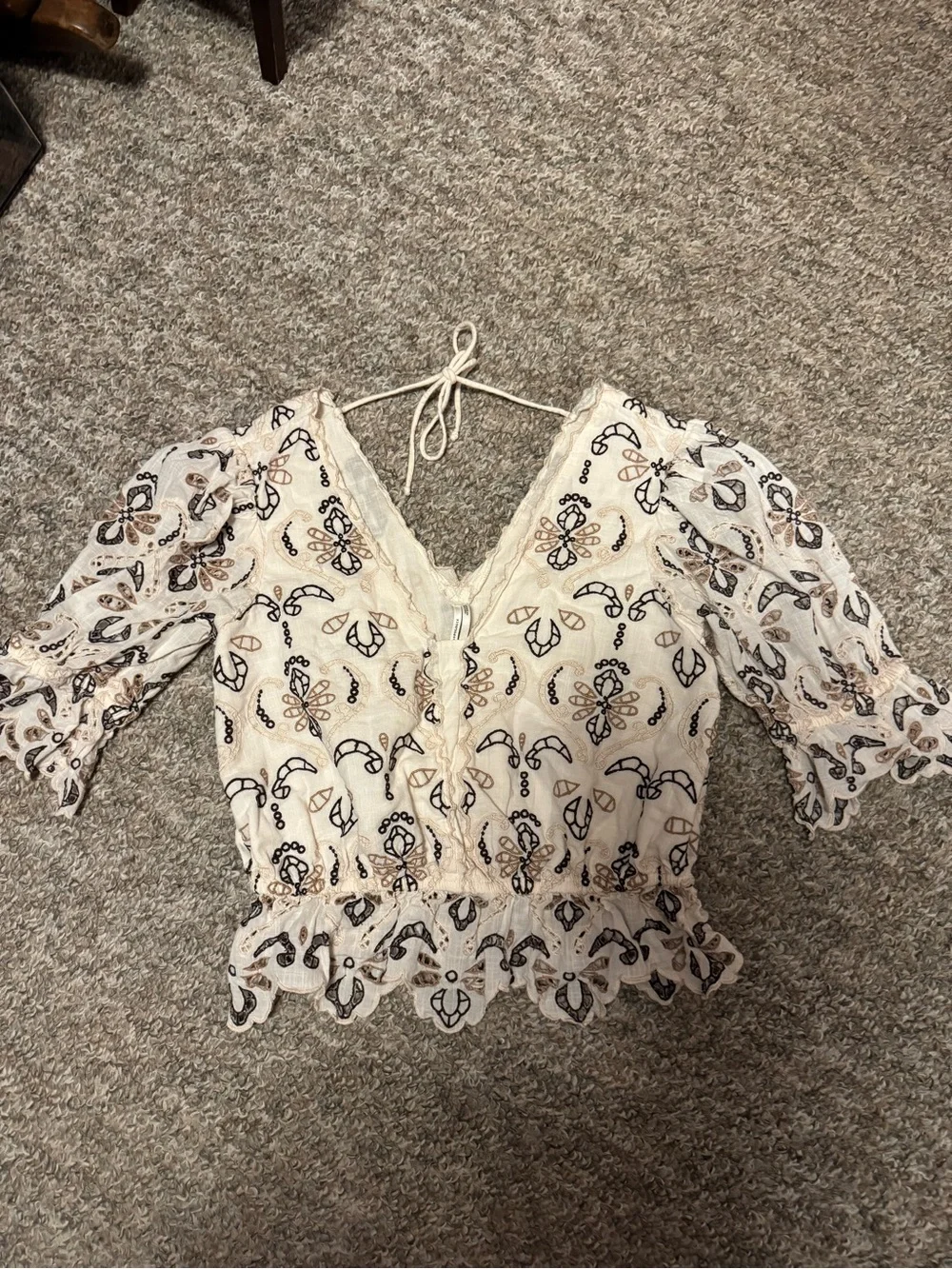 Anthropologie Cream Embroidered Tie-Back Peasant Blouse